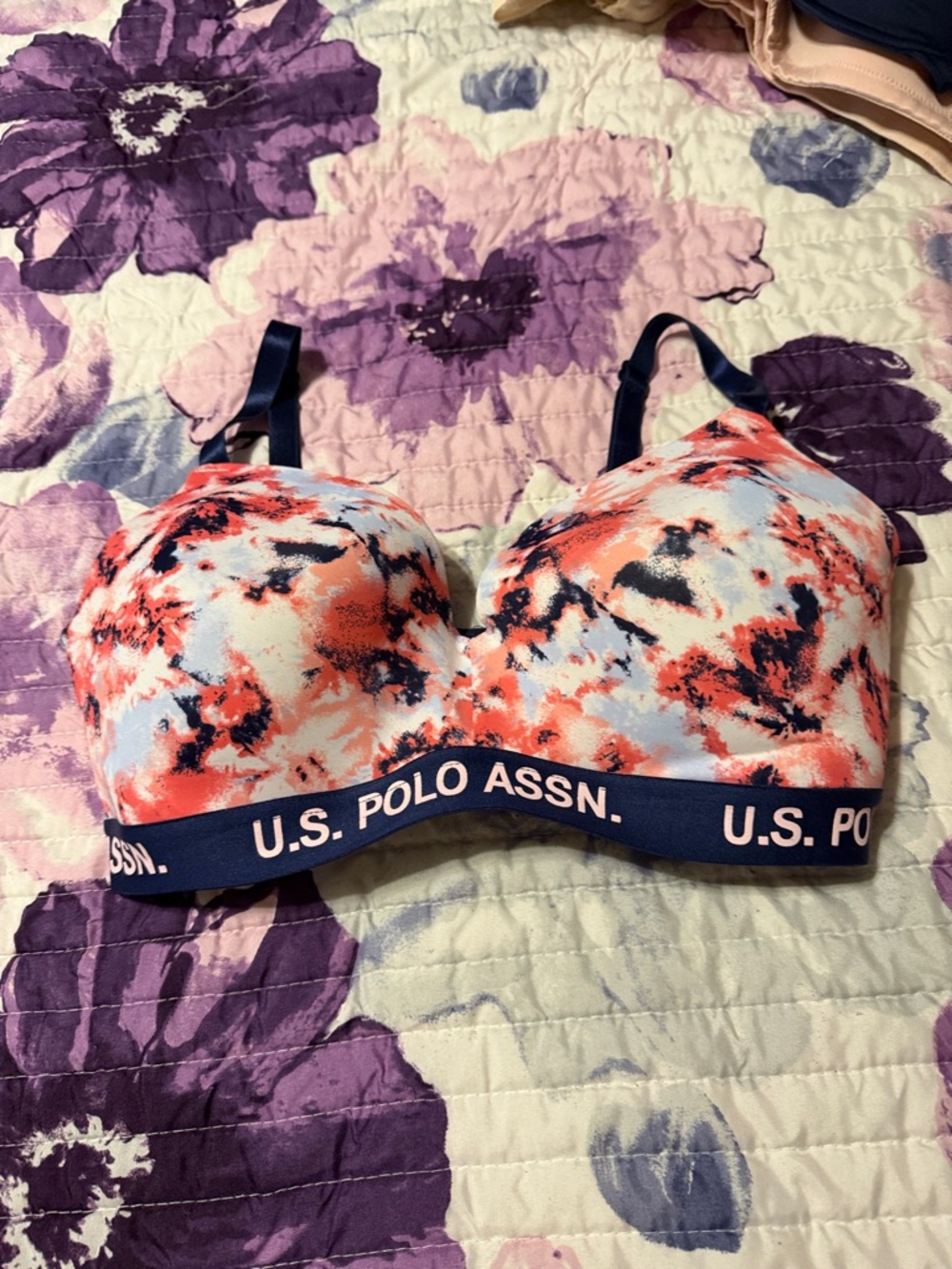U.S. Polo Assn. Coral, Navy & White Tie-Dye Sports Bra
